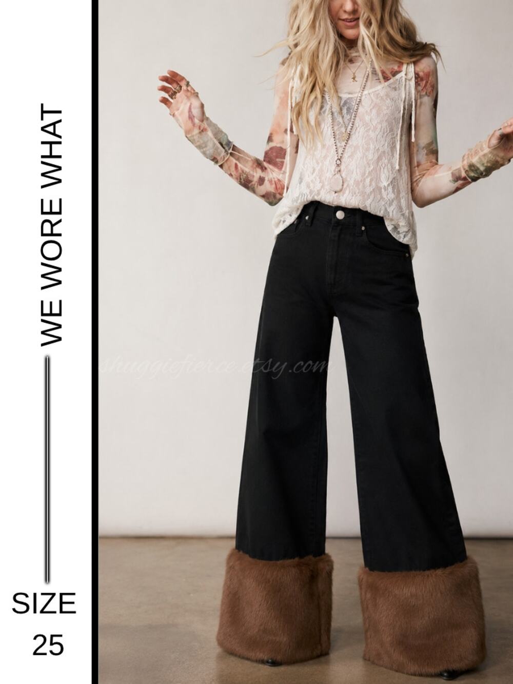 ✨ MSRP $148 | WeWoreWhat Faux Fur Jeans | Size 25 Black Statement Wide Leg ✨